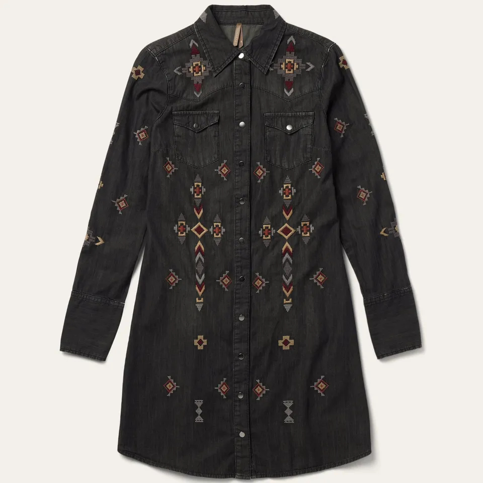 Stetson Embroidered Denim Shirt Dress Black New